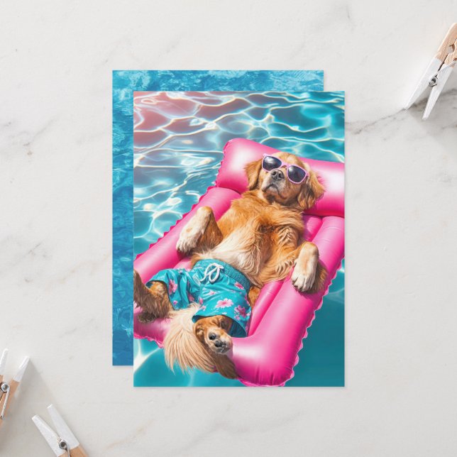 Pool Party Golden Retriever Einladung (Vorderseite/Rückseite Beispiel)