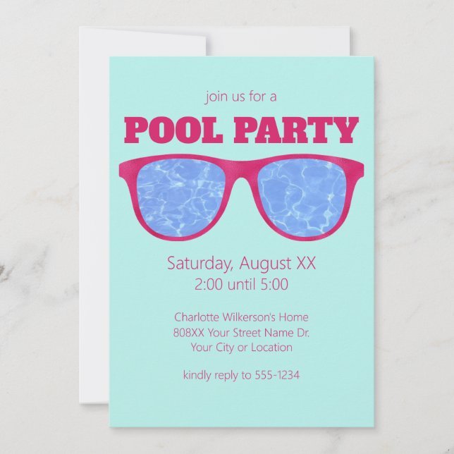 Pool Party Hot Pink Sonnenbrille auf Türkis Einladung (Vorderseite)