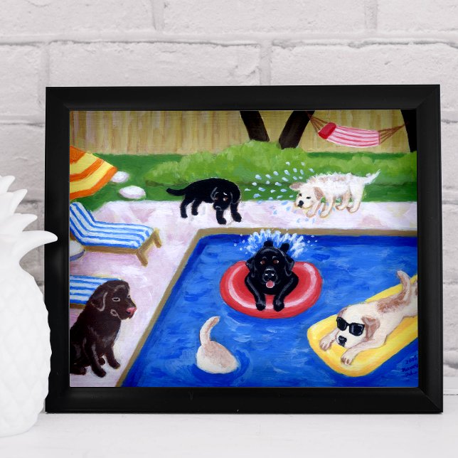 Pool Party Labradors (neu) Artwork Poster (Pool Party Labradors Poster for Labrador Owners, Beach House.  Whimsical Lab artwork for poolside.)