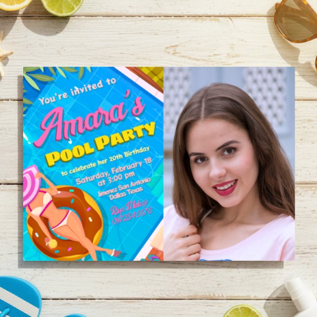 Pool Party - Mädchen mit Foto Einladung (Pool Party Landscape Invitation with Photo)