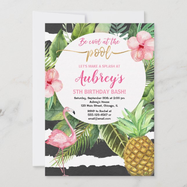 Pool-Party-Mädchengeburtstag, Flamingo tropisch Einladung (Vorderseite)