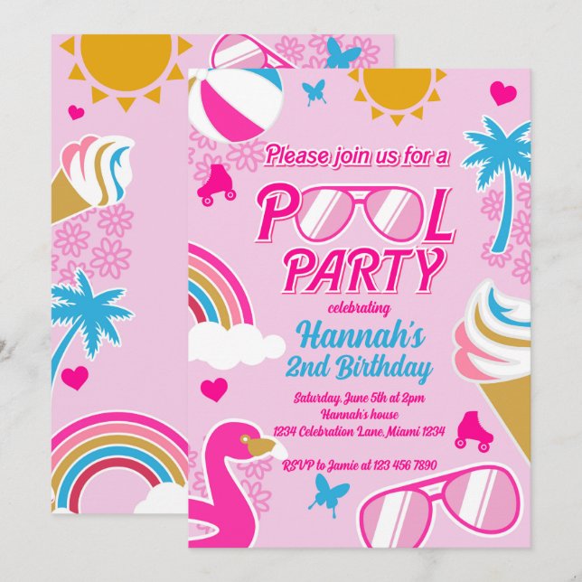 Pool Party Malibu Beach Birthday Girl Doll Sommer Einladung (Vorne/Hinten)