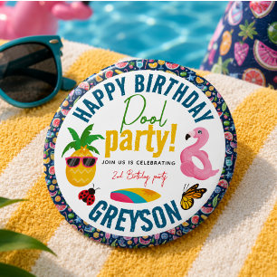 Pool-Party Modern Summer Themed Birday Party Button