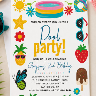 Pool-Party | Modern Summer Themed Birday Party Einladung