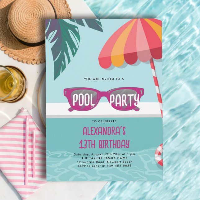 Pool Party Modernes tropisches Leaf Niedlich Tee G Einladung (teen pool party invitations for girls tween thirteen pink sunglasses tropical leaf cute modern cool)