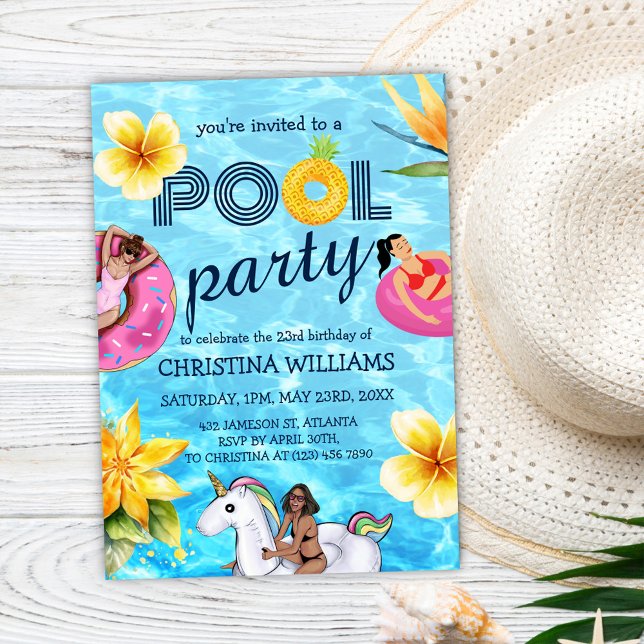 Pool Party Modernes tropisches Sommer Geburtstag Einladung (Pool Party Modern Tropical Summer Birthday Invitation)
