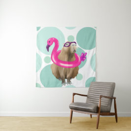 Pool Party Niedlich Capybara mit rosa Flamingo Flo Wandteppich