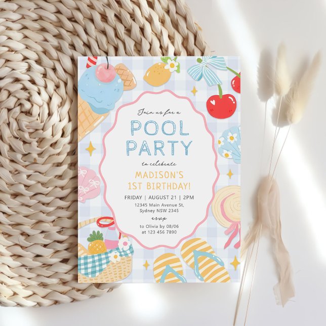 Pool Party Pastel Doodle Beach Birthday Einladung (Von Creator hochgeladen)