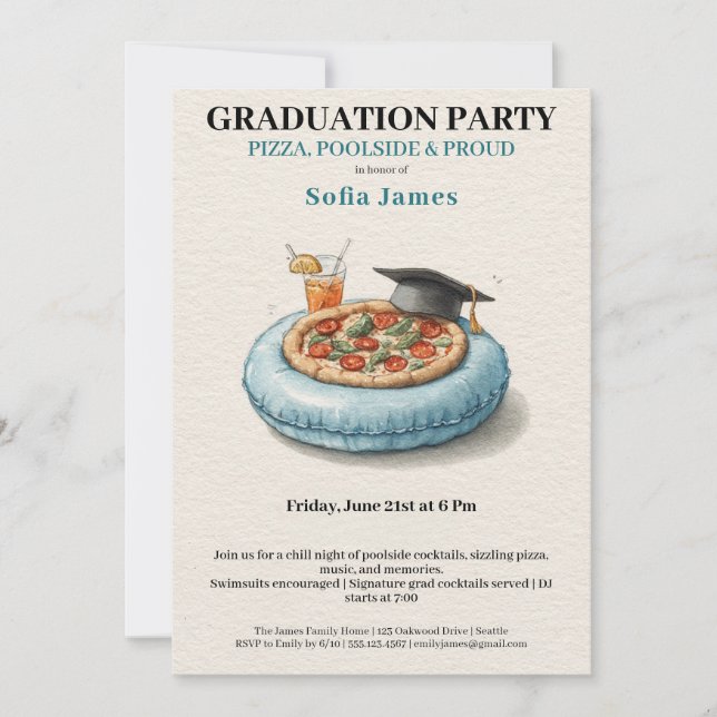 Pool Party Pizza Graduation Celebration Invitation Einladung (Vorderseite)