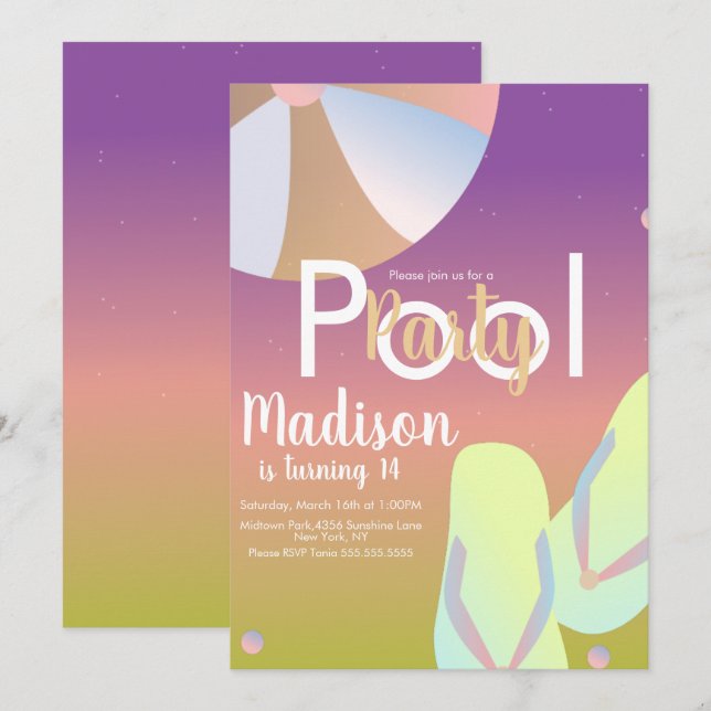 Pool Party Rainbow Ombre Geburtstag Einladung (Vorne/Hinten)