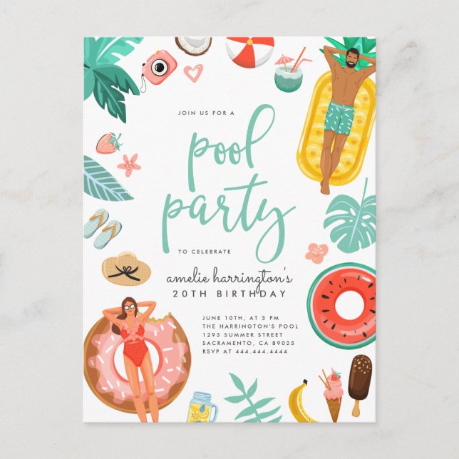 Pool Party Sommer Geburtstag Einladungspostkarte (Vorderseite)
