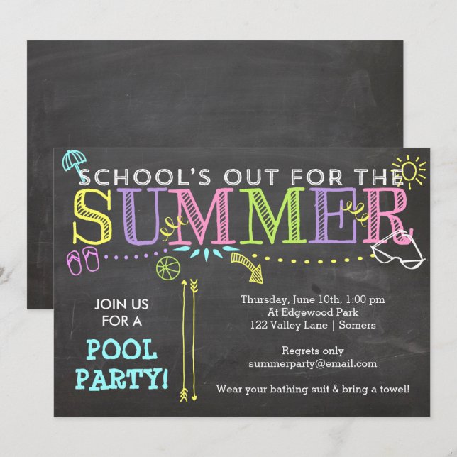 Pool Party Sommereinladung-Schule aus Neon Einladung (Vorne/Hinten)