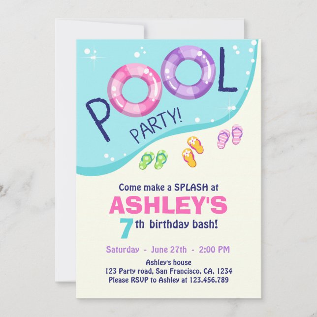 Pool Party Sommerpink Girl Geburtstag Einladung (Vorderseite)