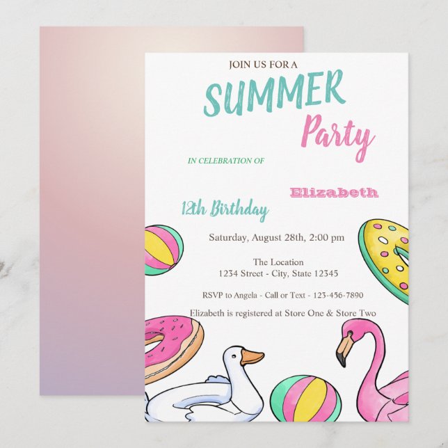 Pool Party Summer Birthday Party Einladung (Vorne/Hinten)