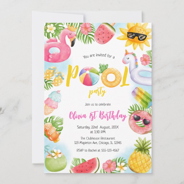 Pool Party Summer Theme Birthday Party Invitation (Devant)