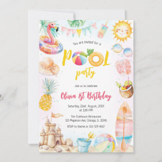 Pool Party Summer Theme Birthday Party Invitation Einladung