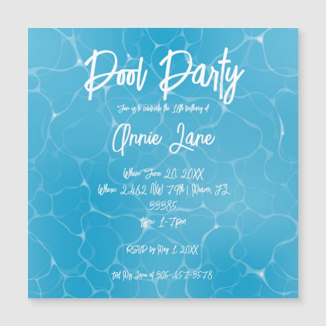 Pool Party Sweet 16 Water Blue Minimalistisch Magneteinladung (Vorderseite)