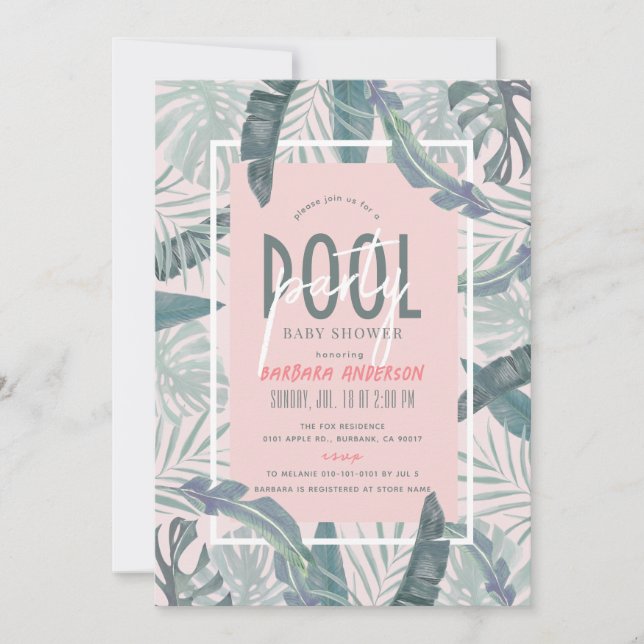Pool Party Tropical Blätter Pink Girl Baby Dusche Einladung (Vorderseite)