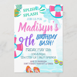 Pool Party Wasserfarbe Splish Splash Geburtstag UA Einladung