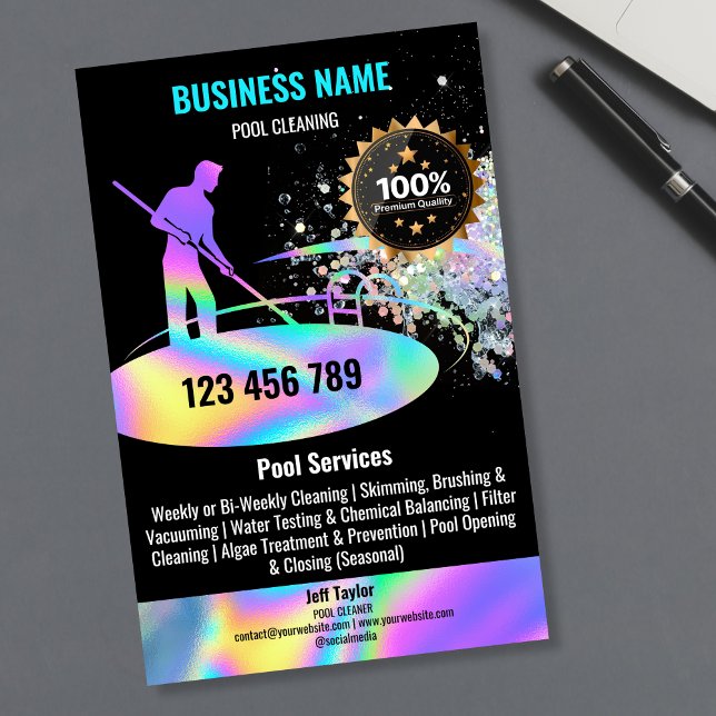 Pool-Reinigungsdienste Pool-Wartung und -Reparatur Flyer (holographic pool guy logo flyer)