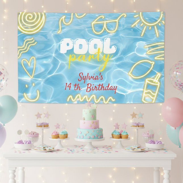 Pool summer neon vibes birthday party banner (Von Creator hochgeladen)