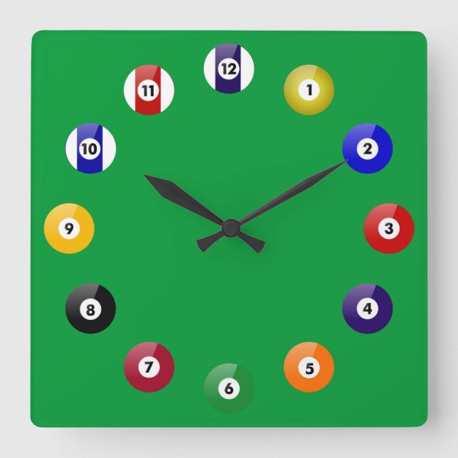 Pool Table and Balls Quadratische Wanduhr (Vorderseite)