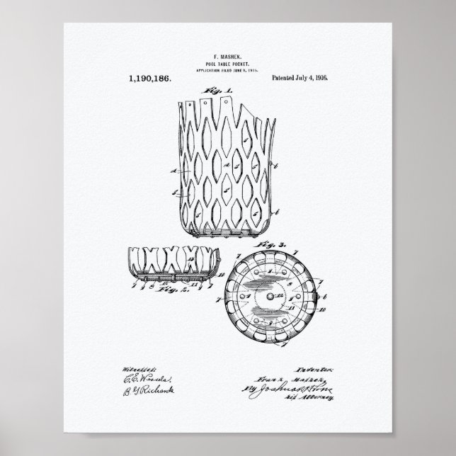 Pool Table Pocket 1916 Patent Art - Weißbuch Poster (Vorne)