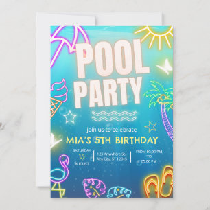 Poolparty-Einladung, Glow Neon Tropischer Geburtst Einladung