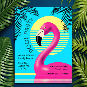 Poolparty-Flamingo-Schwimmfloat Retro Sommer Tropi Einladungspostkarte