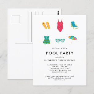 Poolparty-Geburtstagsfeier Minimal Einfach Farbige Postkarte