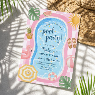 Poolparty modernes Sommer-Mädchen-Geburtstags-Them Einladung