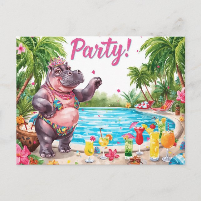 Poolparty Nilpferd am Strand Postkarte (Vorderseite)