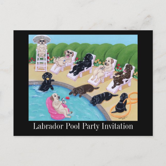 Poolside Party Labradors Malerei Einladungspostkarte (Vorderseite)