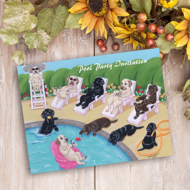 Poolside Party Labradors Malerei Einladungspostkarte (Poolside Party Labradors Painting Invitation Postcard for Labrador Owners.  Enjoy pool party!!)