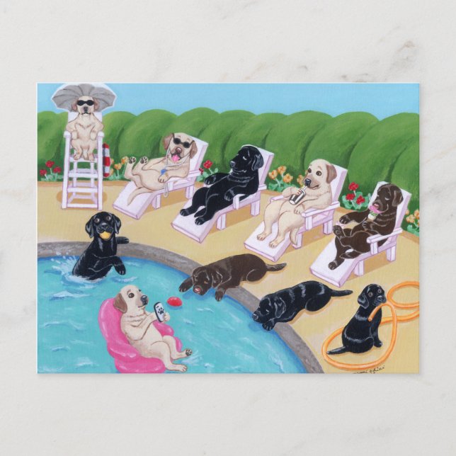 Poolside Party Labradors Malerei Postkarte (Vorderseite)
