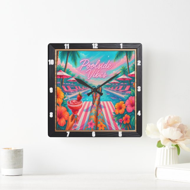 Poolside Vibes Relaxen Sommer Quadratische Wanduhr (Zuhause)