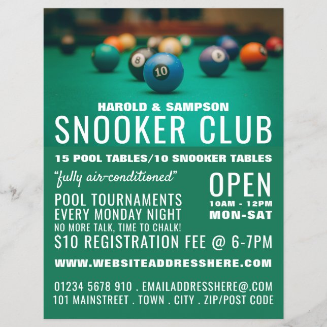 Pooltisch, Pool Club, Snooker Club Werbung Flyer (Vorne)