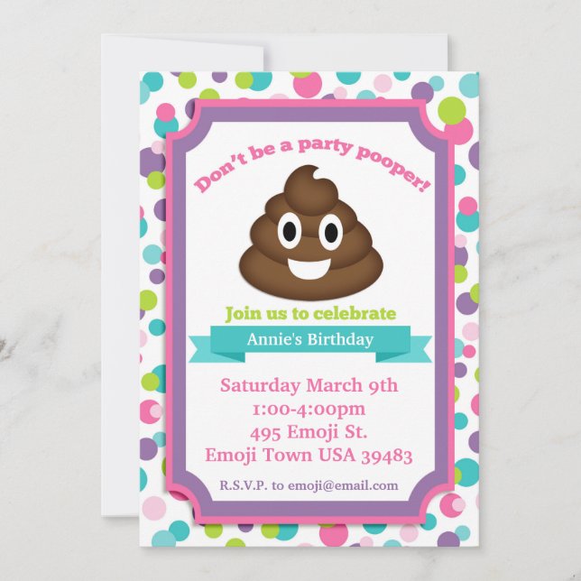 Poop Emoji Fille Anniversaire Invitation (Devant)