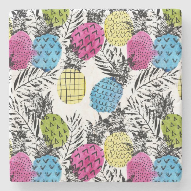 Pop Art Ananas und Palmen Blätter 2 Steinuntersetzer (Vorderseite)