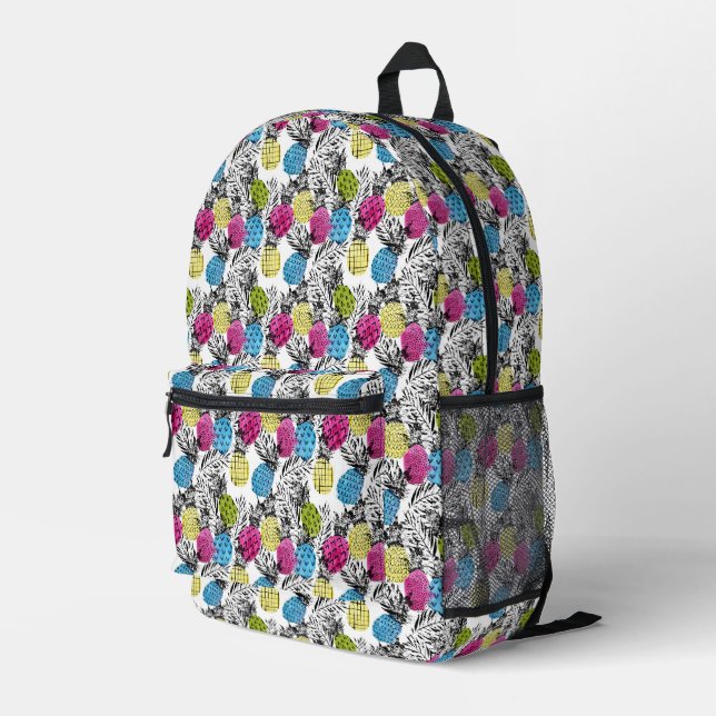 Pop Art Ananas und Palmen Blätter Bedruckter Rucksack (Rückseitige Ecke Rechts)