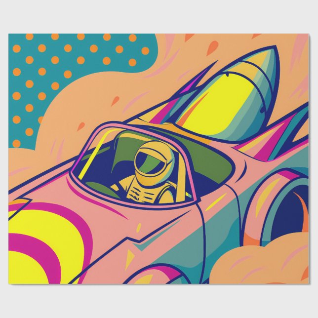 Pop Art Astronaut Driving Rocket Car Geschenkpapier (Flach)