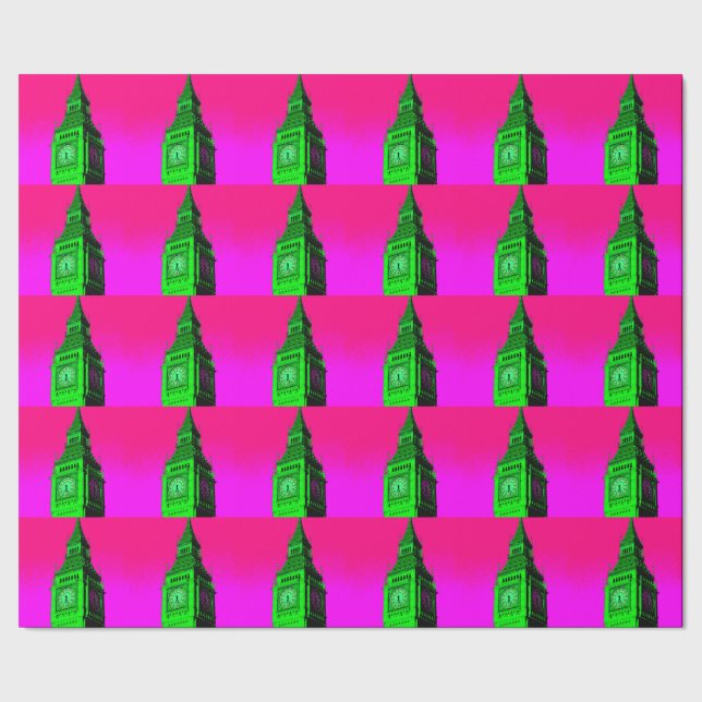 Pop Art Big Ben London Travel Pink Green Geschenkpapier (Saum)