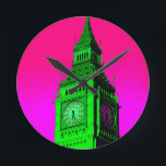 Pop Art Big Ben London Travel Pink Green Runde Wanduhr<br><div class="desc">London Travel Fotografy - London Houses of Parliament & Big Ben Art Foto</div>