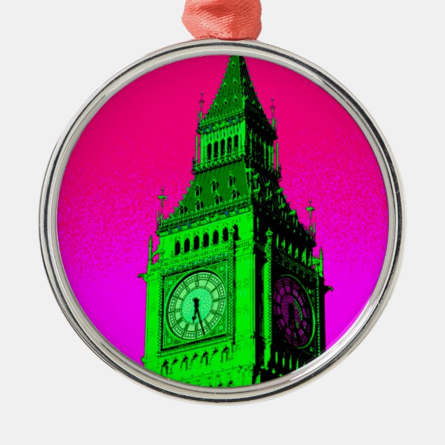 Pop Art Big Ben London Travel Pink Green Silbernes Ornament (Vorne)