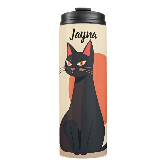 Pop Art Black Cat mit Orange Sun Thermosbecher (Vorderseite)