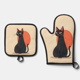 Pop Art Black Cat with Orange Sun Ofenhandschuh & Topflappen-Set