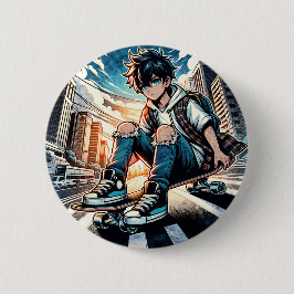 Pop Art Boy auf Skateboard in City Button
