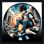 Pop Art Boy auf Skateboard in City Poster<br><div class="desc">Ein Anime-Junge reitet auf seinem Skateboard eine Stadtstraße mit zerklüfteten Jeans und einem urbanen Hintergrund Comic Buchkunst.</div>