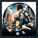 Pop Art Boy auf Skateboard in City Poster<br><div class="desc">Ein Anime-Junge reitet auf seinem Skateboard eine Stadtstraße mit zerklüfteten Jeans und einem urbanen Hintergrund Comic Buchkunst.</div>