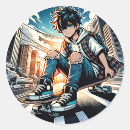 Pop Art Boy auf Skateboard in City Runder Aufkleber